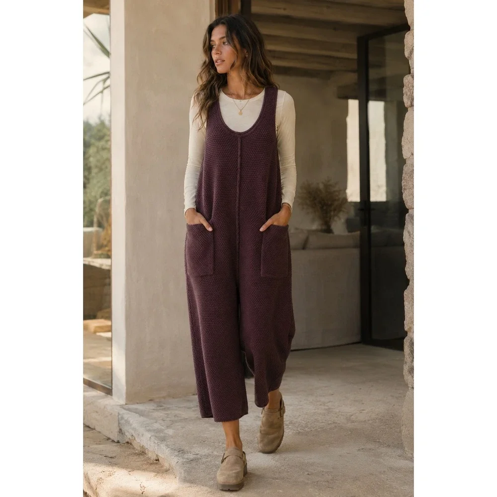 NWT‎ Free People Beach Hailee Cozy Jumpsuit M Vintage Wine Wide Leg Knit Boho